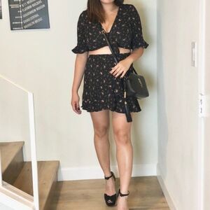 NWT Polly & Esther Black Floral Ruffle Tie Front Top and Skirt Set Medium
